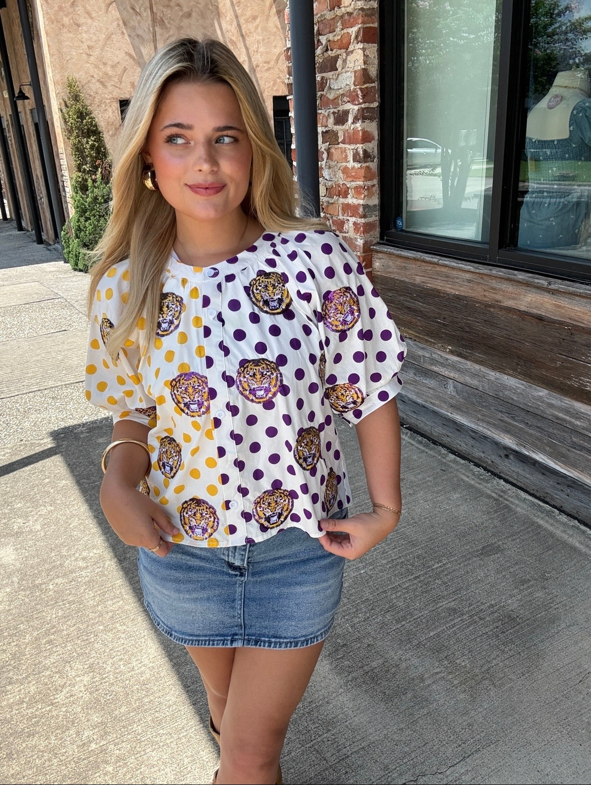 Queen of Sparkles Licensed LSU Mascot Polka Dot Colorblock Button Up Top