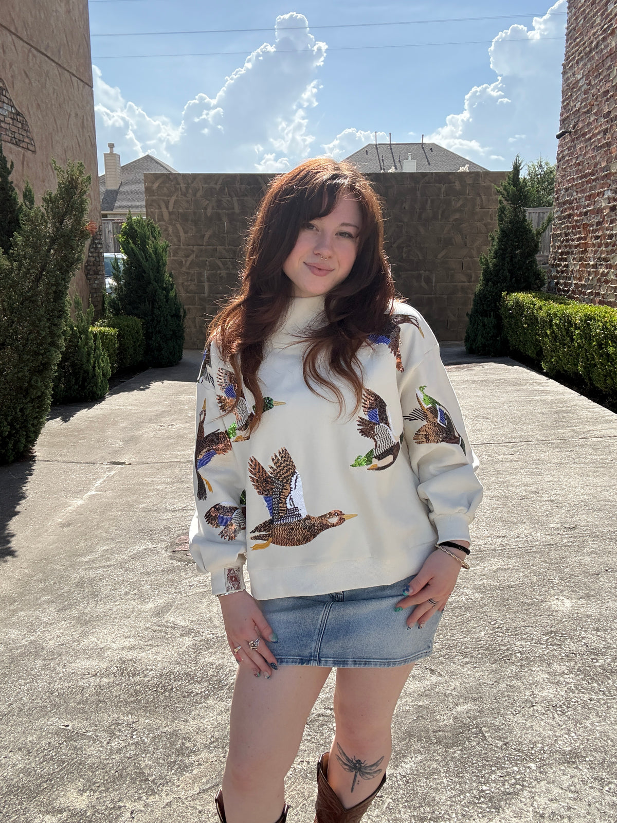 Queen of Sparkles Ivory Flying Ducks Mock Neck Sweatshirt