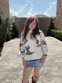 Queen of Sparkles Ivory Flying Ducks Mock Neck Sweatshirt