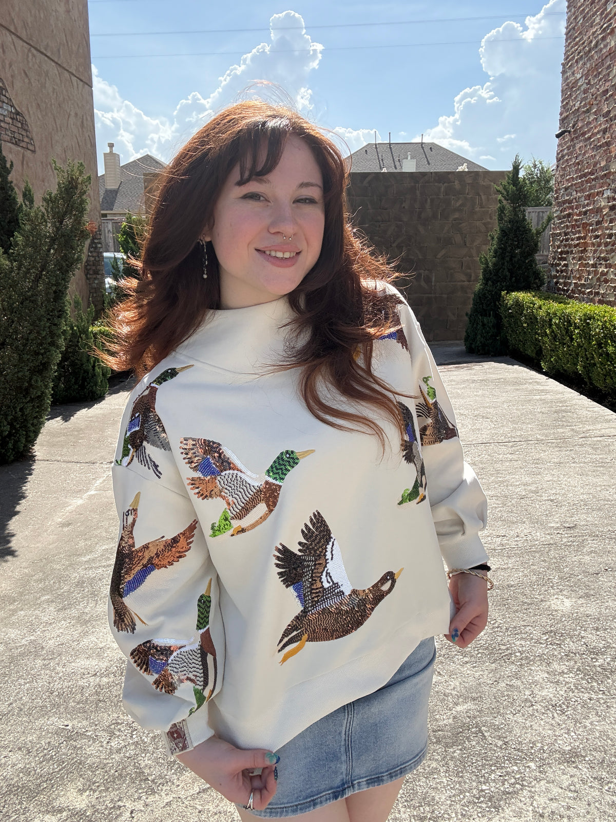 Queen of Sparkles Ivory Flying Ducks Mock Neck Sweatshirt