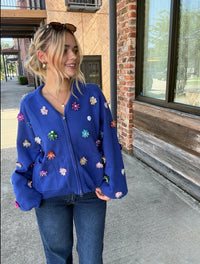 Queen of Sparkles Royal Blue Sequin Flower Zip Up Sweater
