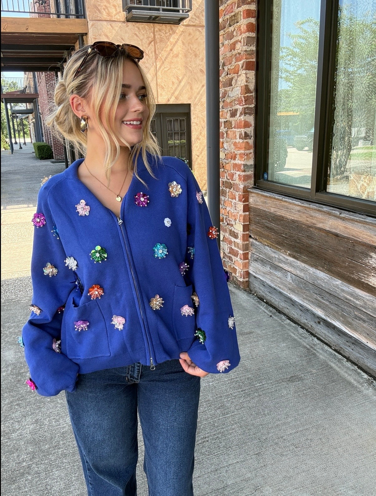 Queen of Sparkles Royal Blue Sequin Flower Zip Up Sweater