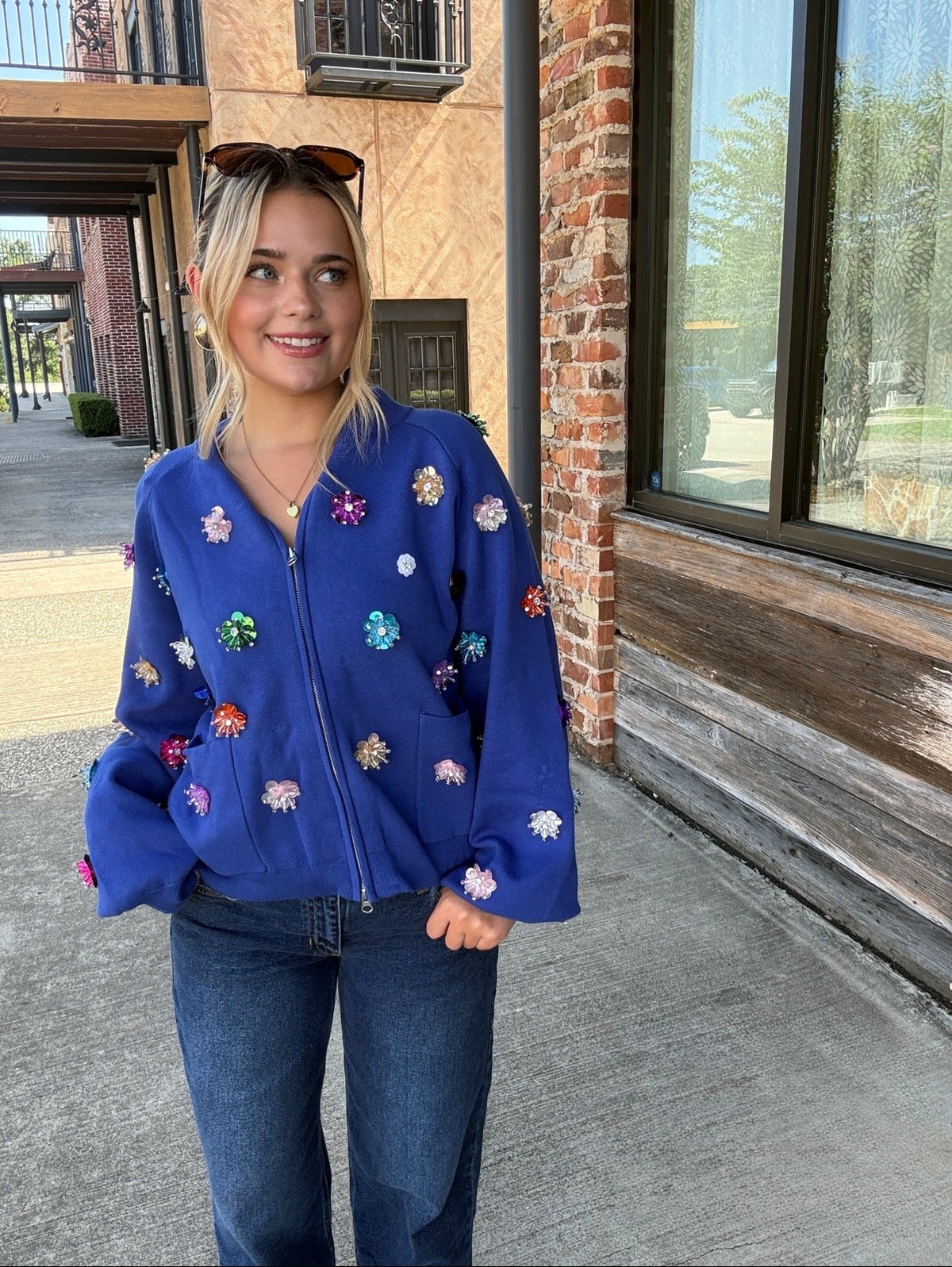 Queen of Sparkles Royal Blue Sequin Flower Zip Up Sweater