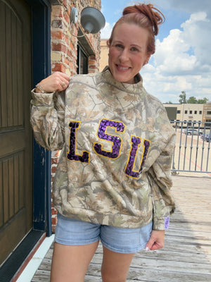 Queen of Sparkles Licensed LSU Mock Neck Camo Sweatshirt