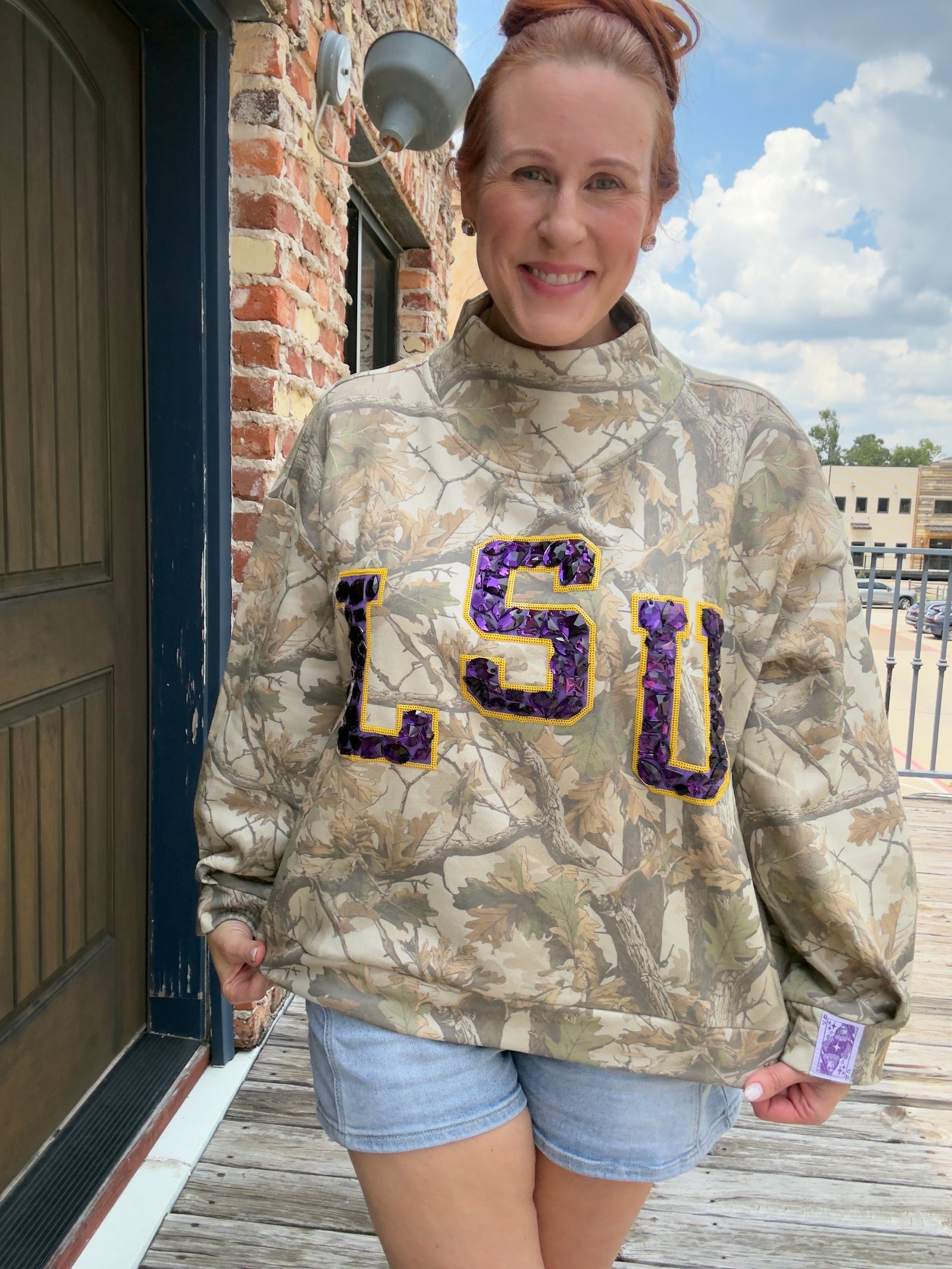 Queen of Sparkles Licensed LSU Mock Neck Camo Sweatshirt