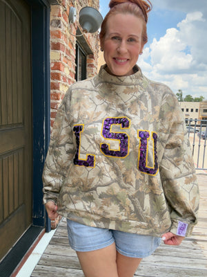 Queen of Sparkles Licensed LSU Mock Neck Camo Sweatshirt