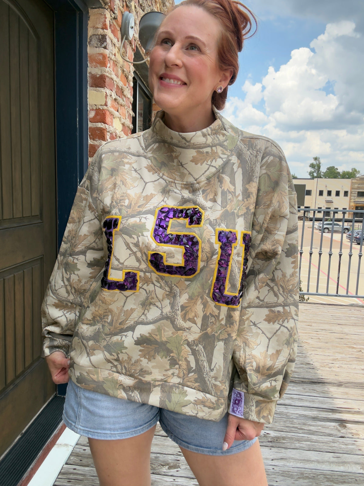 Queen of Sparkles Licensed LSU Mock Neck Camo Sweatshirt