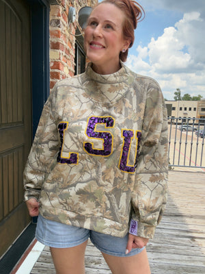 Queen of Sparkles Licensed LSU Mock Neck Camo Sweatshirt