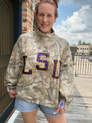 Queen of Sparkles Licensed LSU Mock Neck Camo Sweatshirt