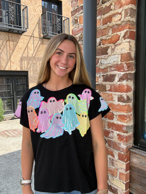 Queen of Sparkles Black Multi Gingham Ghost Patch Tee