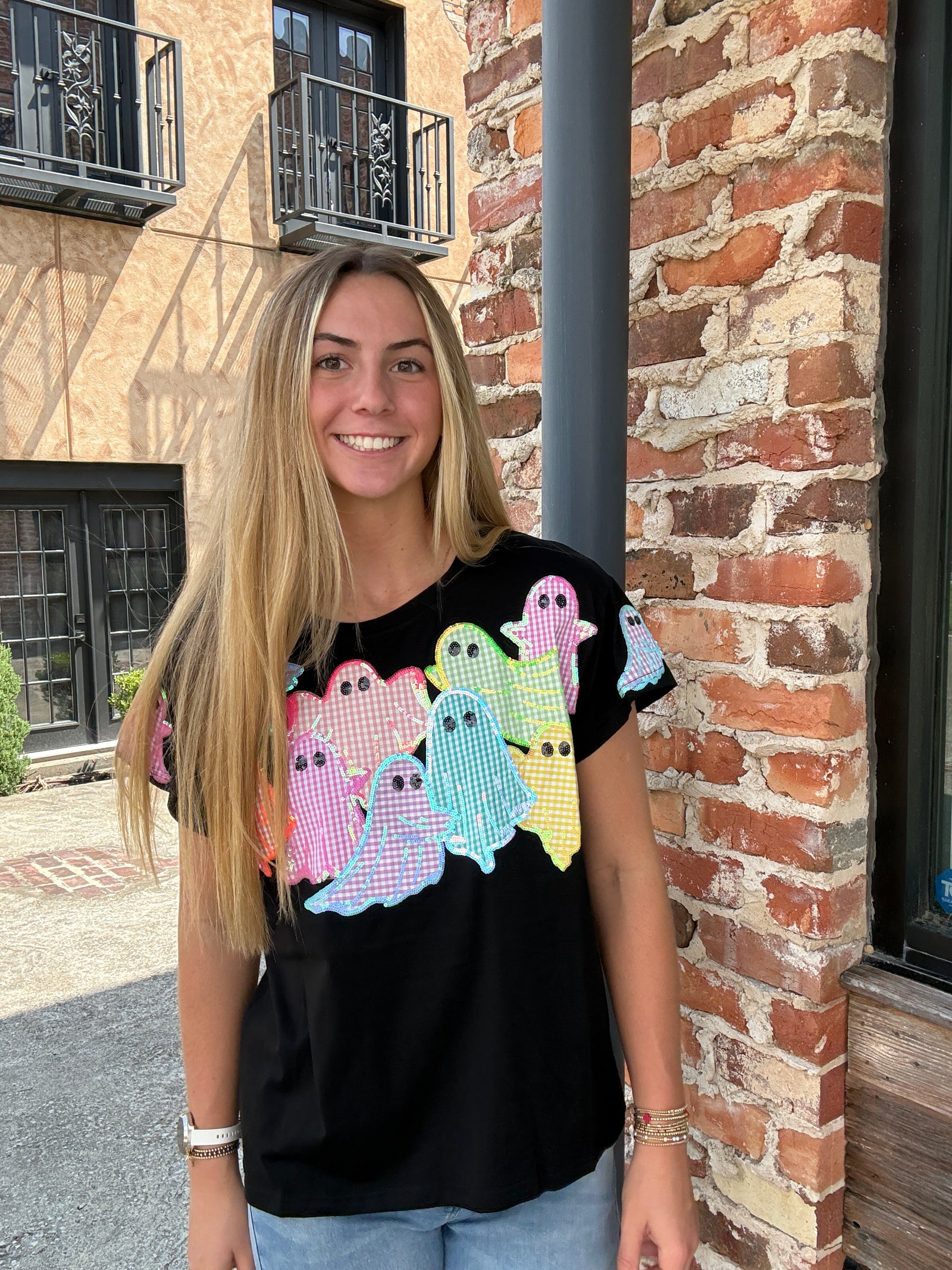 Queen of Sparkles Black Multi Gingham Ghost Patch Tee