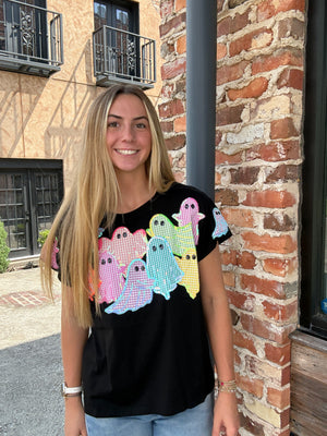Queen of Sparkles Black Multi Gingham Ghost Patch Tee