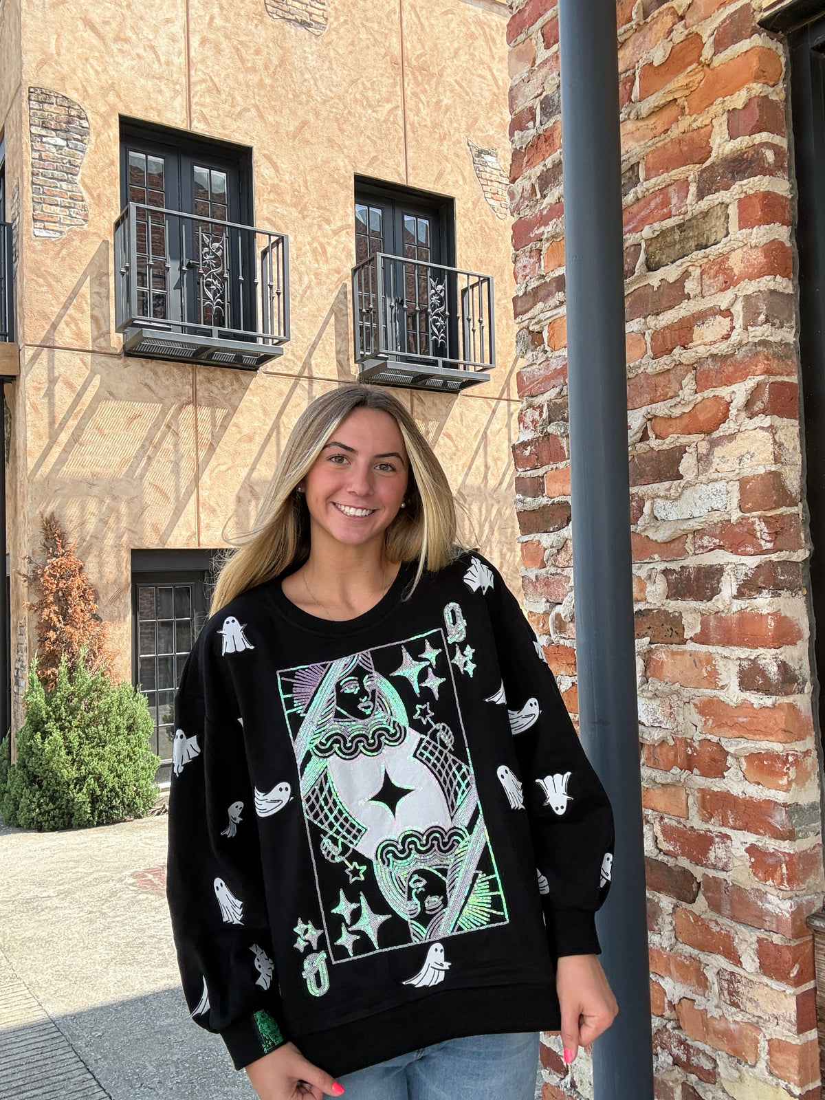 Queen of Sparkles Black & White Ghost QOS Queen Card Sweatshirt