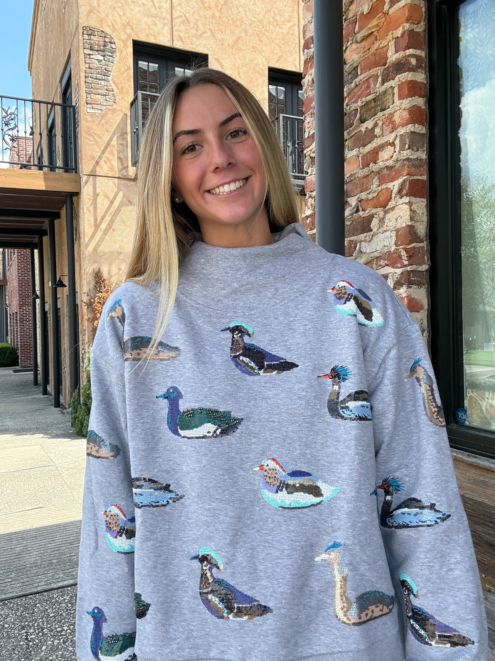Queen of Sparkles Dark Grey Multi Duck Mockneck Sweatshirt