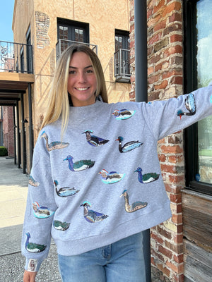 Queen of Sparkles Dark Grey Multi Duck Mockneck Sweatshirt