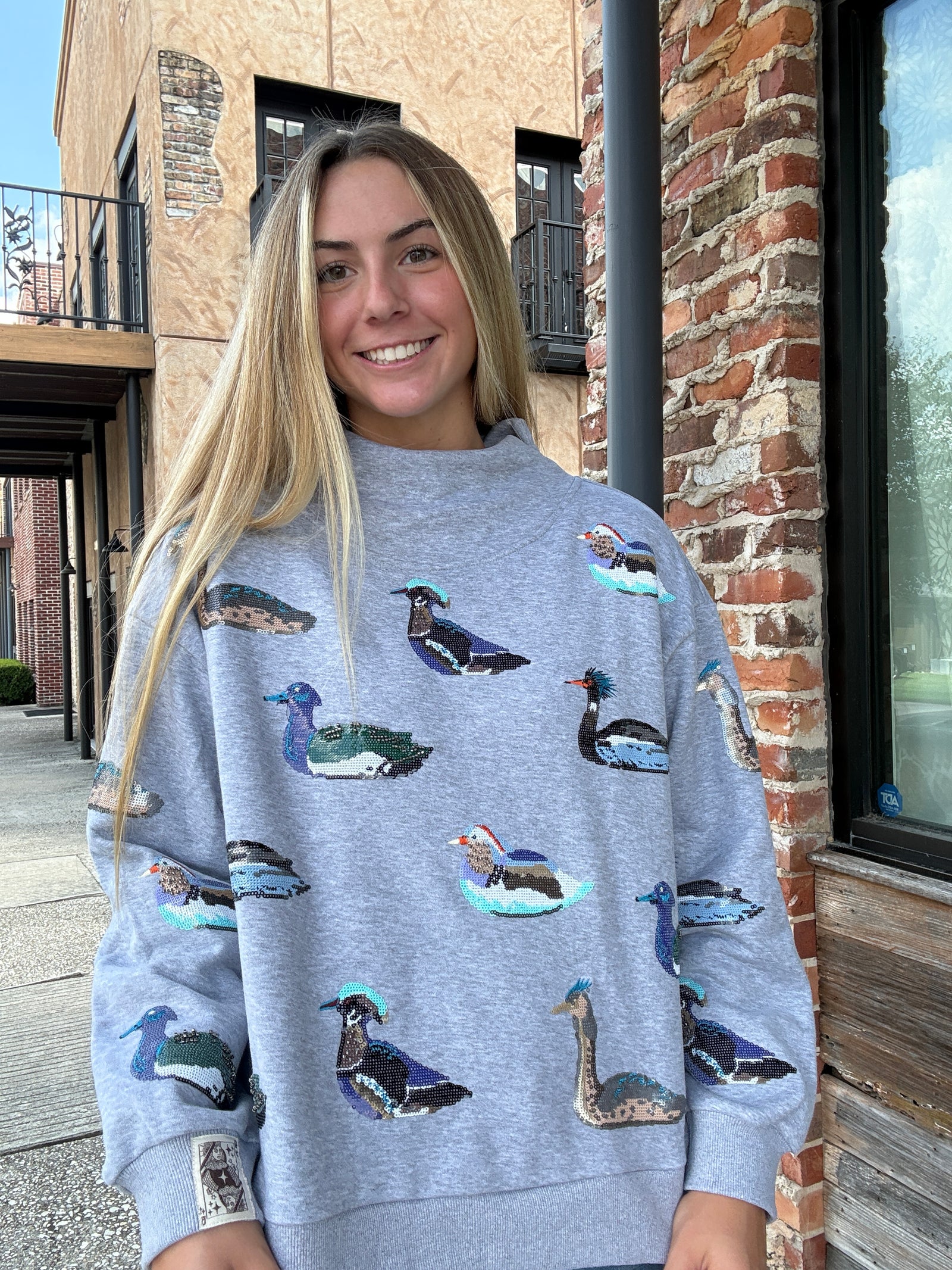 Queen of Sparkles Dark Grey Multi Duck Mockneck Sweatshirt