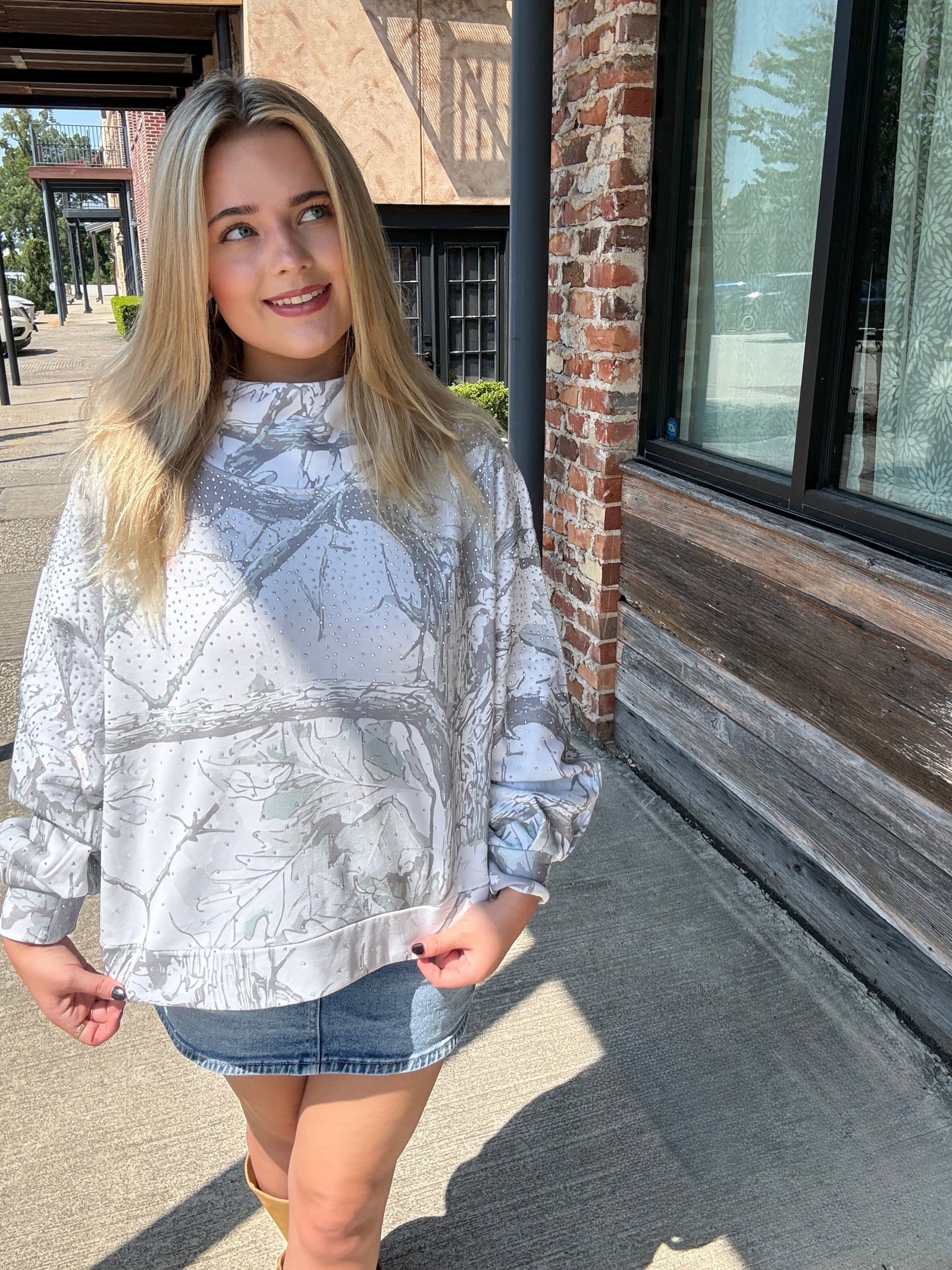 Queen of Sparkles Grey Rhinestone Forest Camo Mockneck