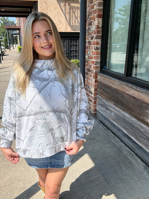 Queen of Sparkles Grey Rhinestone Forest Camo Mockneck