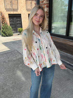 Queen of Sparkles Beige Multi Skeleton Cotton Button Up Top