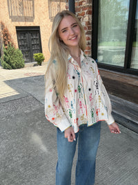 Queen of Sparkles Beige Multi Skeleton Cotton Button Up Top