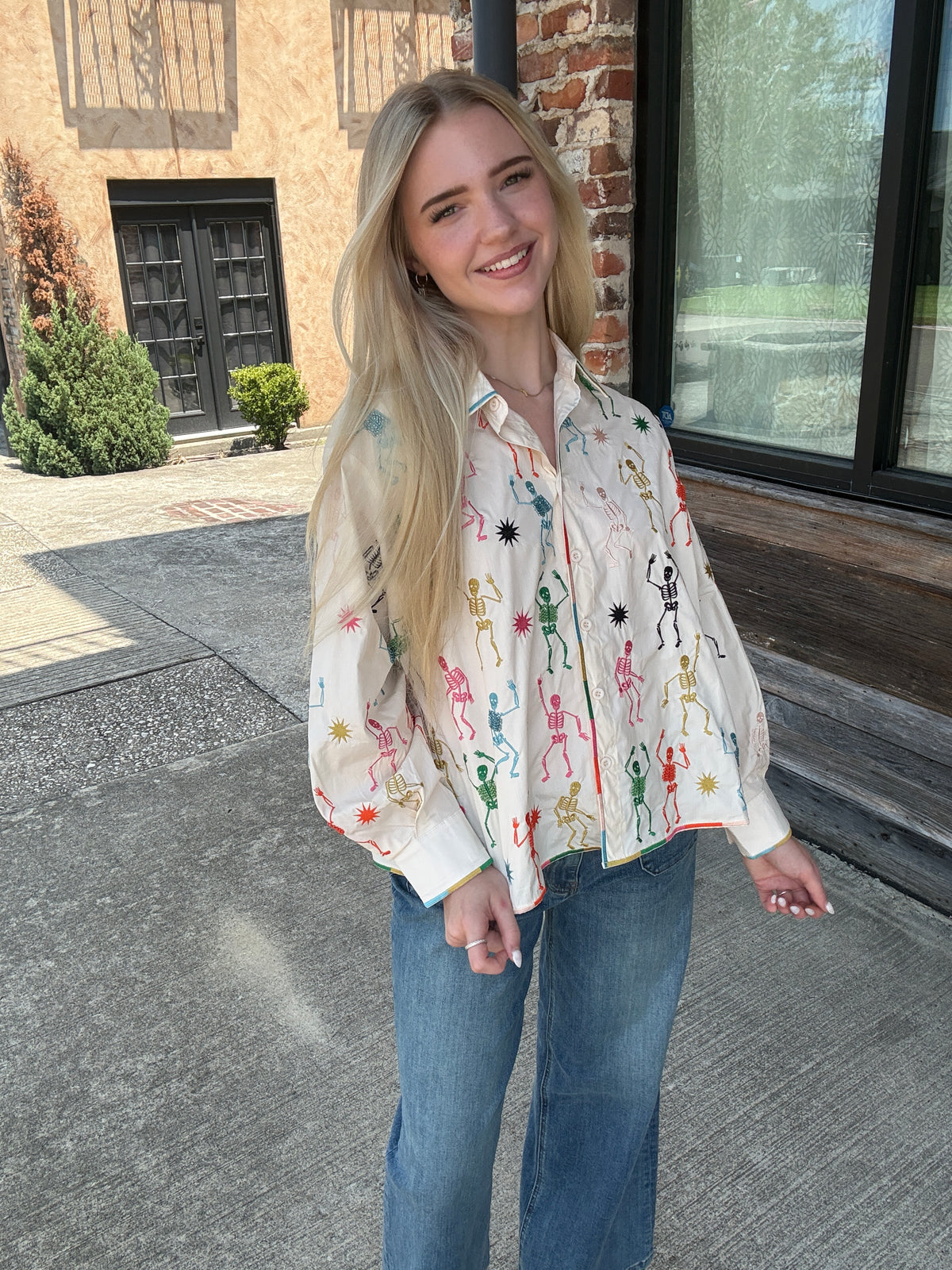 Queen of Sparkles Beige Multi Skeleton Cotton Button Up Top