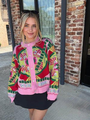 Queen of Sparkles Light Pink Multi Mahjong Button Up Cardigan