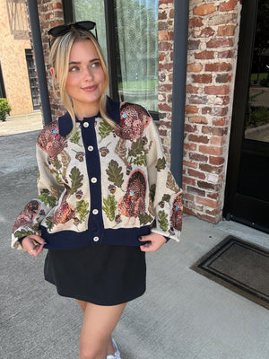 Queen of Sparkles Navy Trim Button Up Turkey, Leaf and Acorn Button Up Cardigan