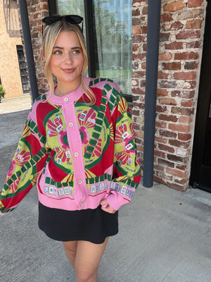 Queen of Sparkles Light Pink Multi Mahjong Button Up Cardigan