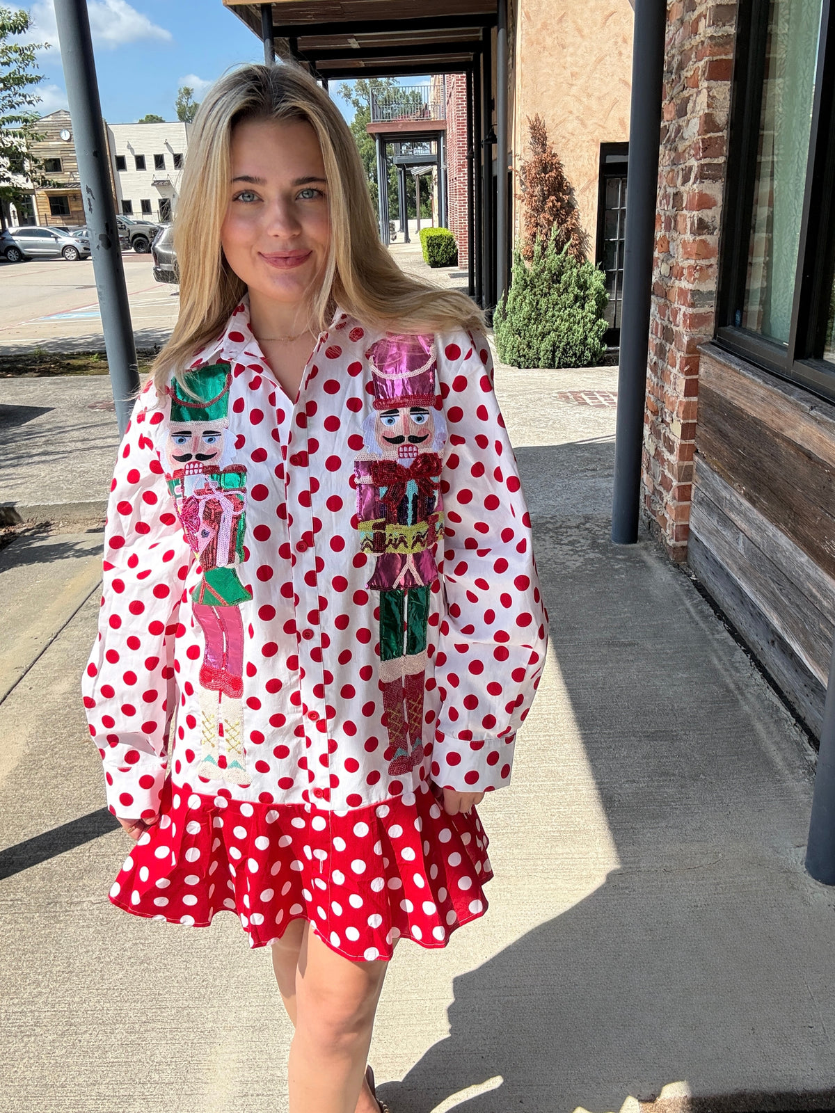 Queen of Sparkles Red & White Polka Dot Metallic Nutcracker Button Up Cotton Dress
