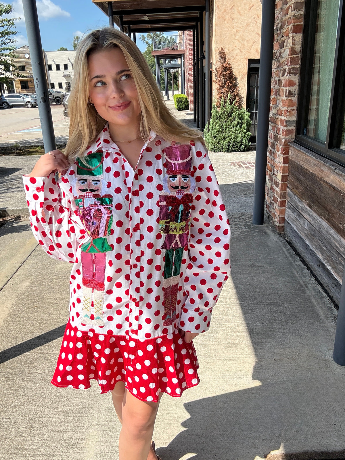 Queen of Sparkles Red & White Polka Dot Metallic Nutcracker Button Up Cotton Dress