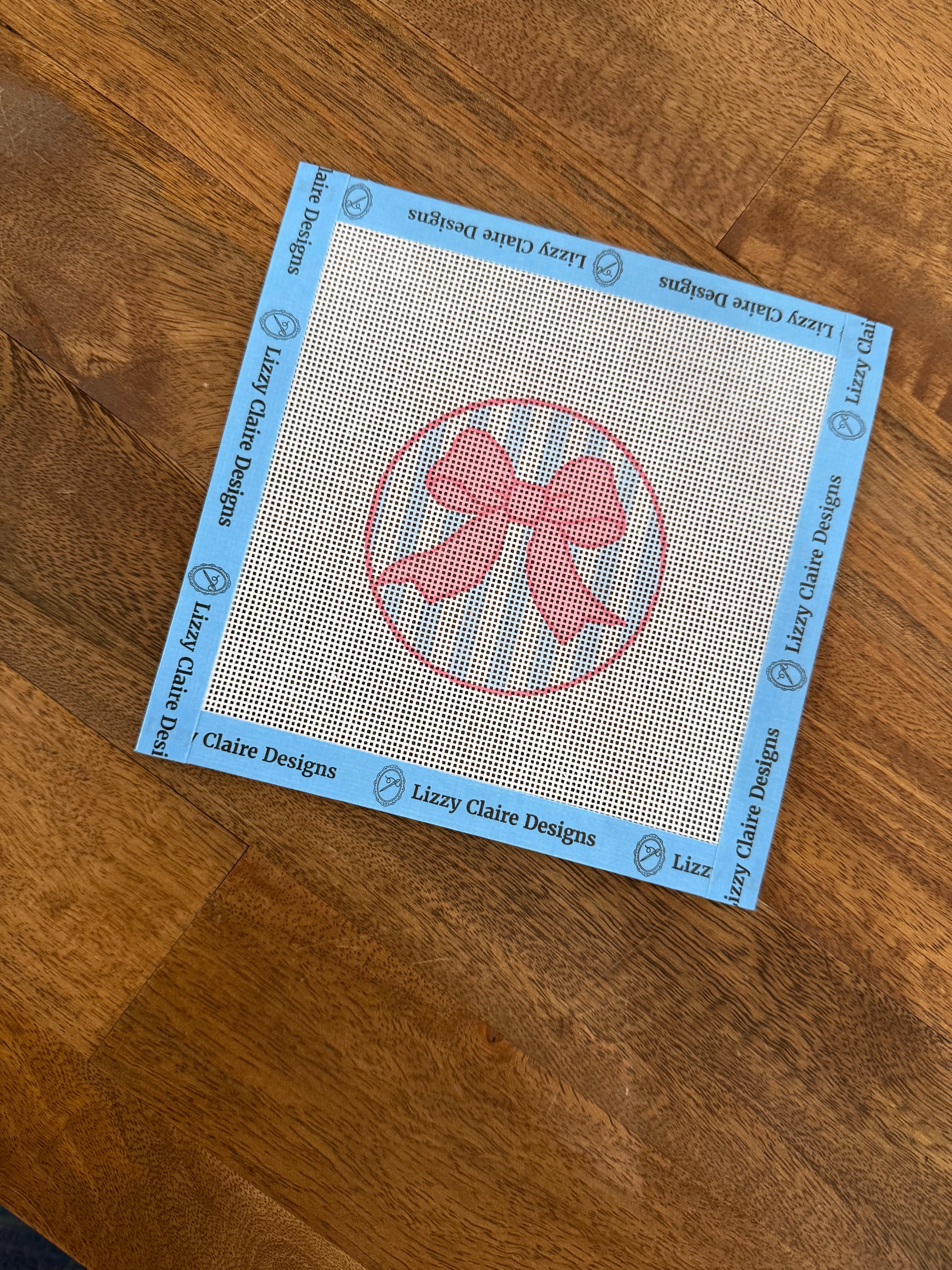 Pink Bow on Light Blue Striped Background Needlepoint Canvas