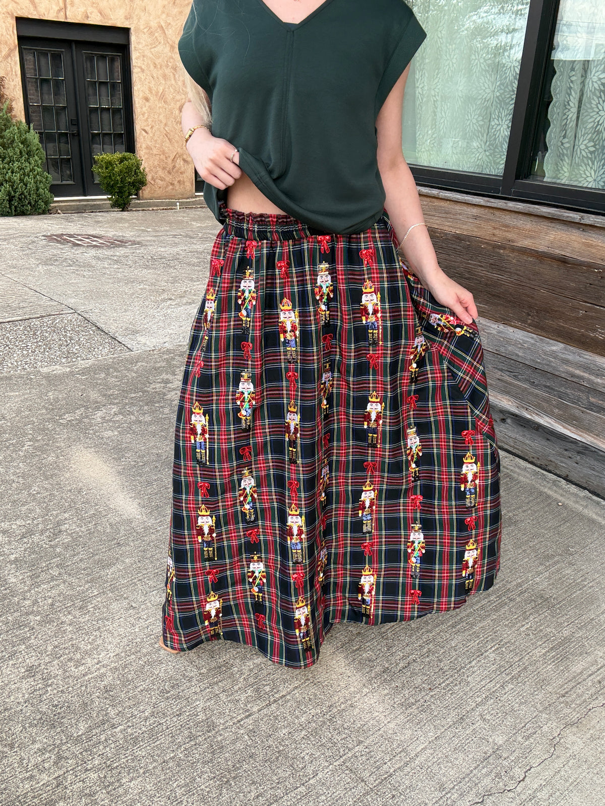 Queen of Sparkles Navy & Plaid Nutcracker & Bow Cotton Midi Skirt