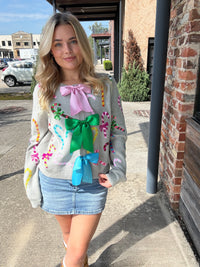 Queen of Sparkles Grey Multi Candy Cane Multi Bow Sweater