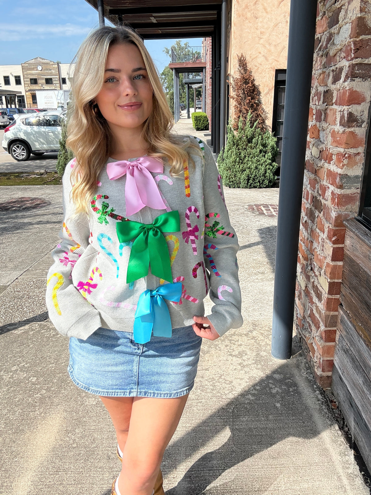 Queen of Sparkles Grey Multi Candy Cane Multi Bow Sweater