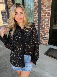Queen of Sparkles Black Multi Rhinestone Button Up Top