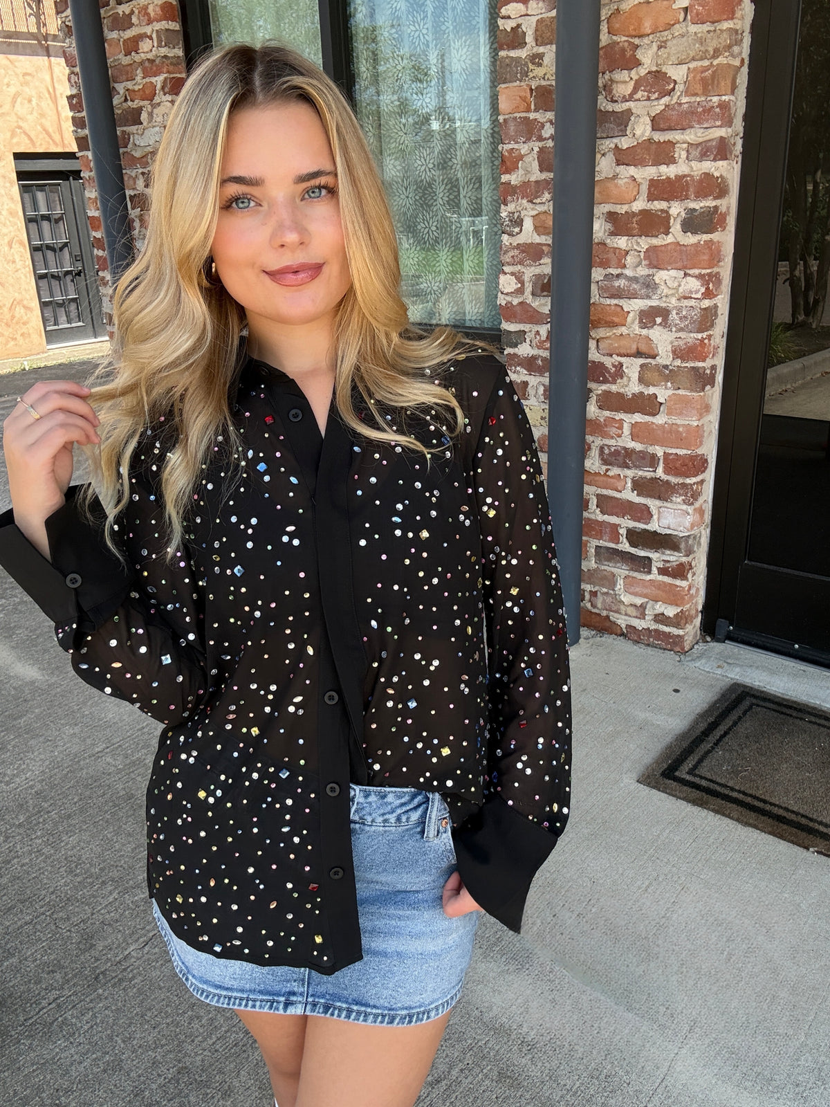 Queen of Sparkles Black Multi Rhinestone Button Up Top