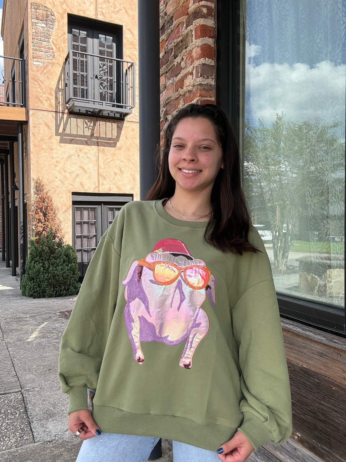 Queen of Sparkles Licensed Green FRIENDS™ Metallic & Sequin Turkey with Sunglasses Sweatshirt