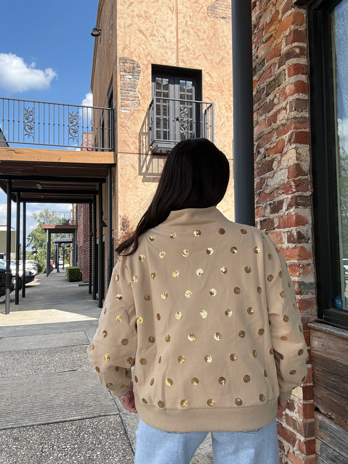 Queen of Sparkles Tan & Gold Polka Dot QOS Card Mock Neck Sweatshirt