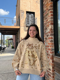 Queen of Sparkles Tan & Gold Polka Dot QOS Card Mock Neck Sweatshirt