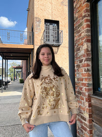 Queen of Sparkles Tan & Gold Polka Dot QOS Card Mock Neck Sweatshirt