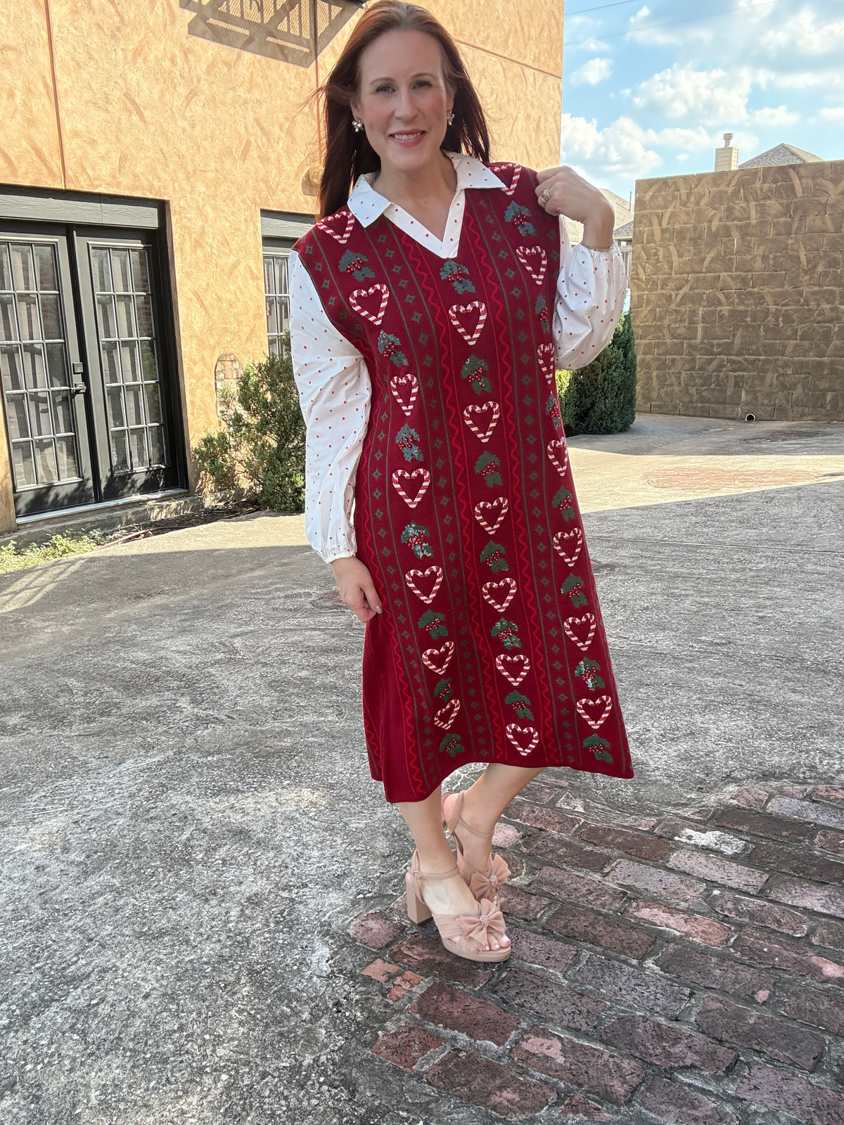 Queen of Sparkles Red 3D Holly & Candy Cane Knit Midi Dress