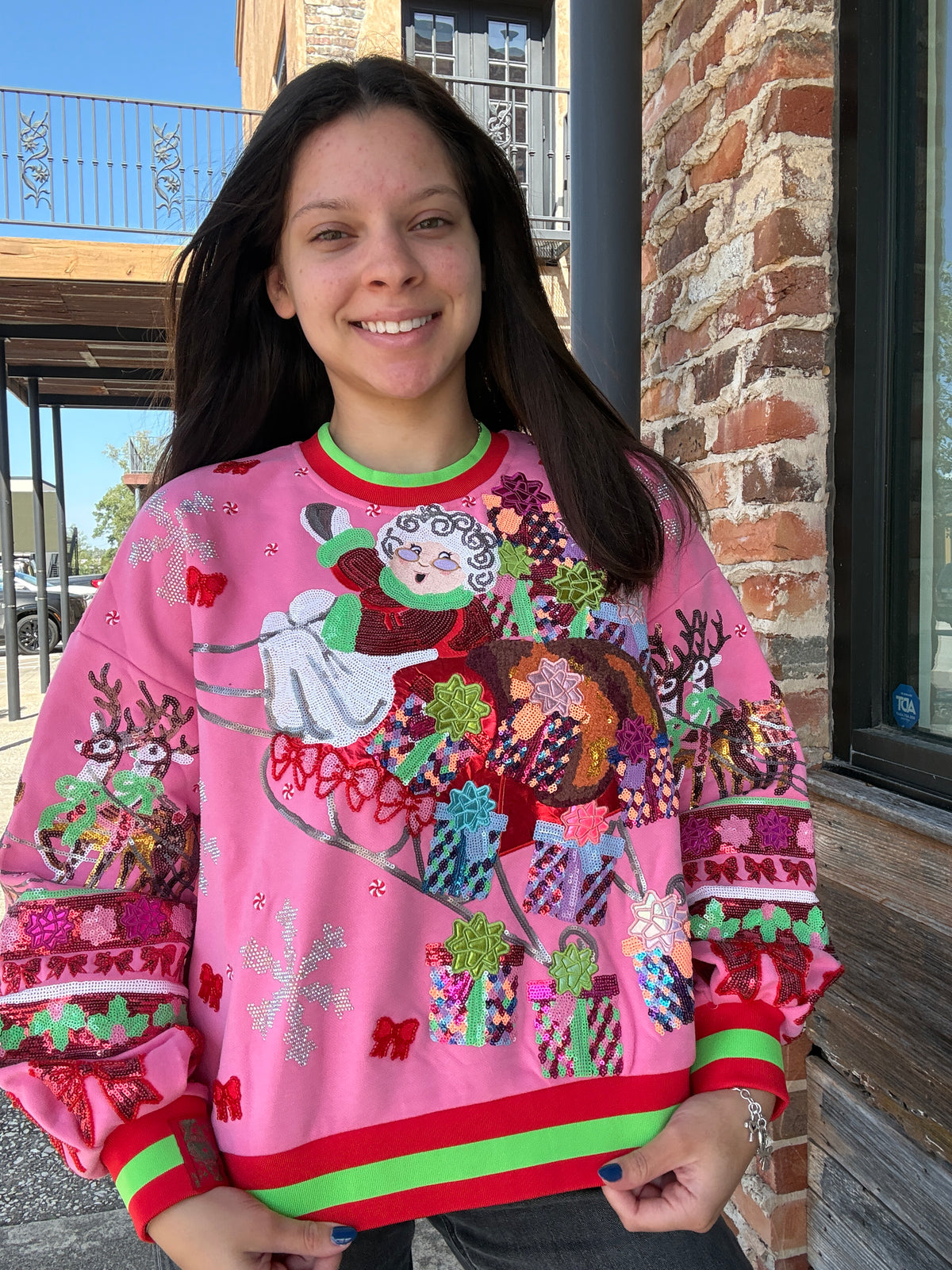 Queen of Sparkles Hot Pink Vintage Mrs. Claus Sleigh Sweatshirt