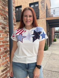 Queen of Sparkles White USA Stripe Patch Stars Tee