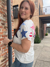Queen of Sparkles White USA Stripe Patch Stars Tee