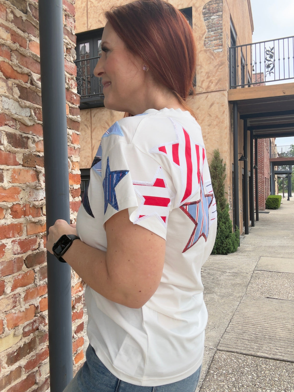Queen of Sparkles White USA Stripe Patch Stars Tee