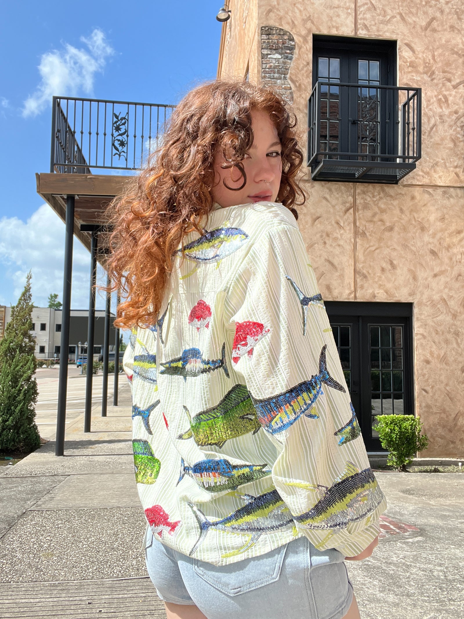 Queen of Sparkles Green Stripe Multi Fish Collar Top