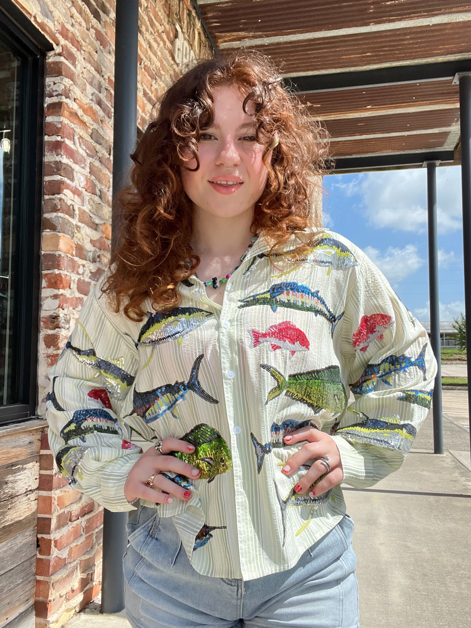 Queen of Sparkles Green Stripe Multi Fish Collar Top