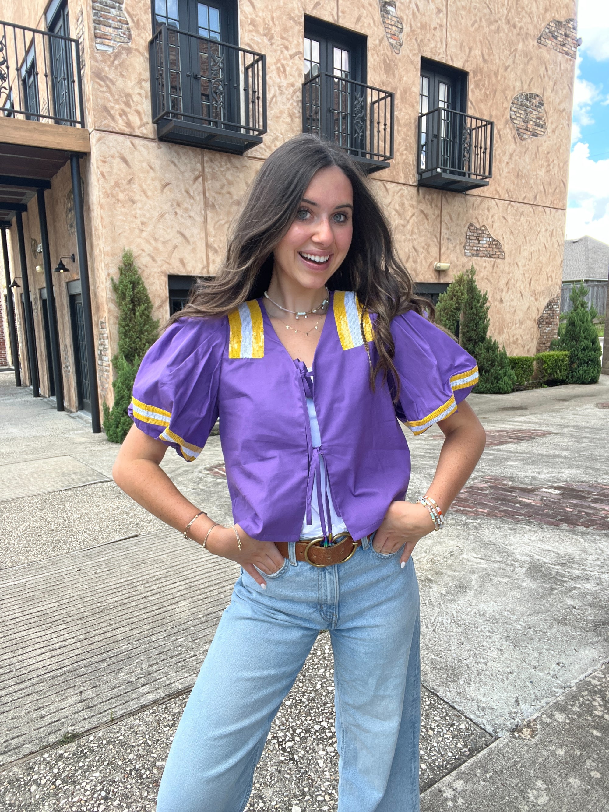 Queen of Sparkles Licensed LSU Cotton Front Tie Jersey Top