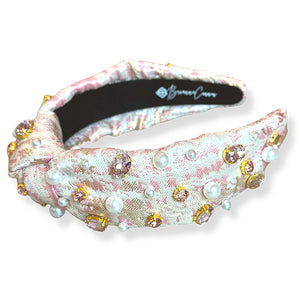 Blush Pink Jacquard Metallic Headband with Crystals & Pearls