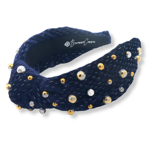 Navy Velvet Headband with Gold & Silver Beads